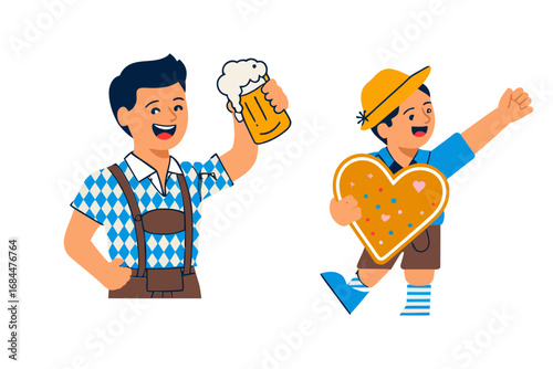 Bavarian festival character illustrations, jovial man holding beer mug and heart pretzel, folk costume celebration icons, festive party vector elements