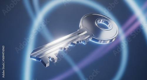 Silver key security access concept with futuristic glowing background for digital protection and privacy
