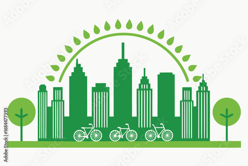 Green Cityscape with Bicycles and Leaf Arch Illustration urban eco city