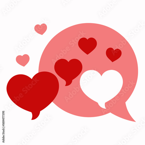 Pink speech bubbles with red hearts love message vector on white background.