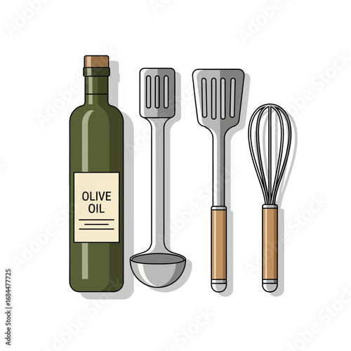 Minimalist kitchen illustration featuring olive oil bottle and cooking utensils aligned elegantly