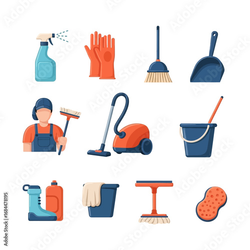 Vector illustration displaying a comprehensive array of household cleaning implements and tools