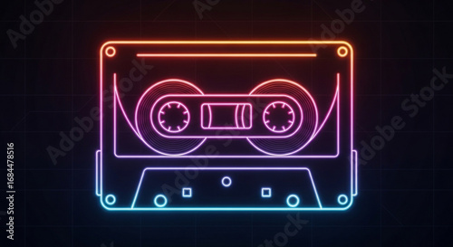 Neon cassette tape illustration retro music audio vintage eighties style glowing vibrant design graphic art