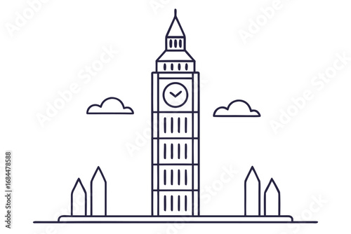 Iconic Big Ben clock tower illustration with surrounding buildings and clouds London landmark