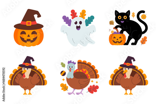 Festive Thanksgiving holiday clipart, turkey pumpkin leaves autumn decorations, seasonal cartoon elements vector pack for fall celebration designs