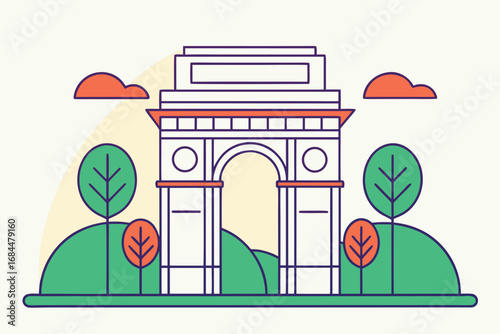 India Gate Monument with Trees and Clouds Illustration delhi architecture