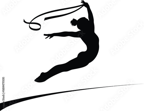 Rhythmic gymnast leaping with ribbon rhythmic gymnastics
