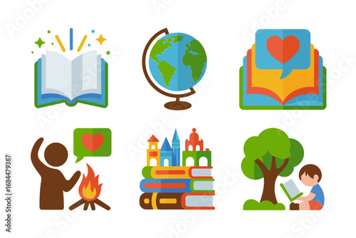Scholarly knowledge vector set, book stack learning icons, world globe library symbols, child reading tree, storytelling camp illustration pack