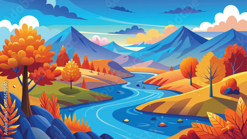 Sunrise illuminates the tranquil autumn lake, reflecting the vibrant trees and mountains under a cloudy sky