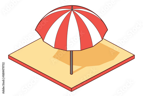 Isometric illustration of a red and white striped beach umbrella on a sandy surface shade summer