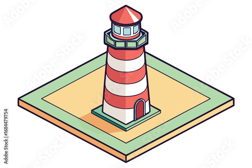 Isometric illustration of a red and white striped lighthouse on a sandy platform beacon maritime