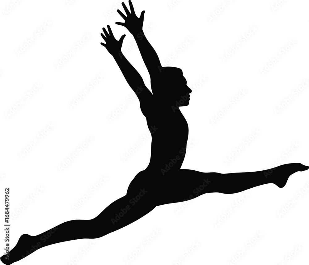Fototapeta premium Black silhouette of a gymnast performing a split leap