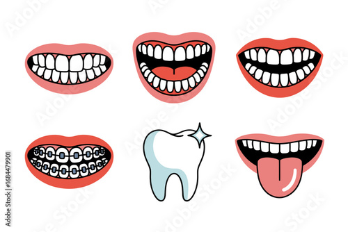 Open mouth expression pack, white teeth smiles, braces closeup, tongue out, sparkling enamel, dental checkup icons, friendly clinic illustrations
