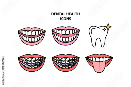 Dental health icon set, smiling mouth variations, braces and tongue, clean tooth symbol, orthodontic care illustrations, oral hygiene graphics