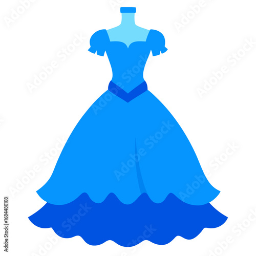Blue ball gown with ruffled sleeves and skirt dress ballgown vector on white background.