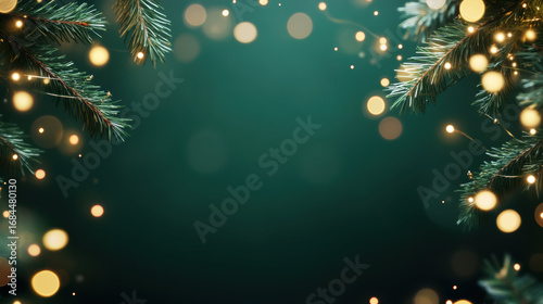Fototapeta Naklejka Na Ścianę i Meble -  Elegant Christmas background with festive bokeh light on deep green backdrop. magical holiday invitation featuring fir branch with copy space for greeting