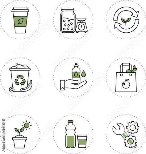 Sustainable living icons showing recycling, healthy food, and eco-friendly practices for a greener future