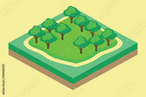 Isometric landscape with multiple trees on a green grassy area forest nature