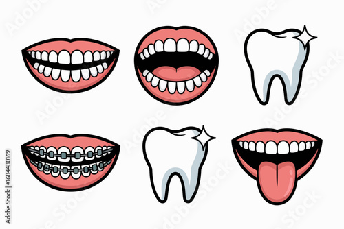 Orthodontic smile icon collection, braces before after, tooth sparkle, mouth open and closed, pediatric dental vectors, oral care