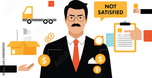 Unsatisfied Executive: A visual representation of a man, embodying dissatisfaction within a work context, as the world around him shows the elements that trigger it.