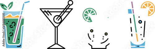 Modern Mixology Lineup: A minimalist flat design presents an inviting array of stylish cocktails, each artfully crafted and ready to refresh, with a hint of citrus and a classic cocktail glass.