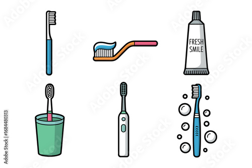 Oral care tool icons, toothbrush toothpaste floss, electric manual brushes, rinse cup, bubbling foam, daily hygiene routine vector illustrations