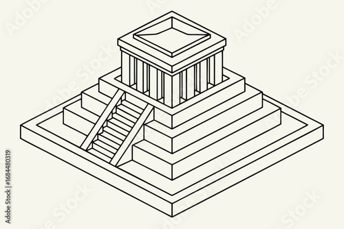 Isometric outline drawing of a stepped pyramid with a temple structure on top ancient architecture
