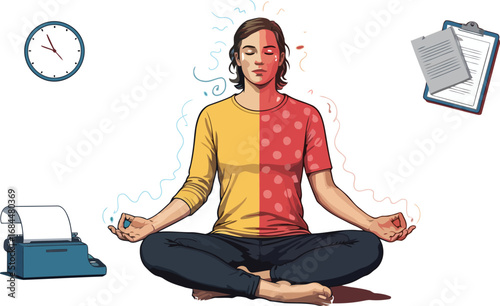 Serene Concentration: A woman practices meditation amidst a montage of work-related elements, such as a clock and notepad.