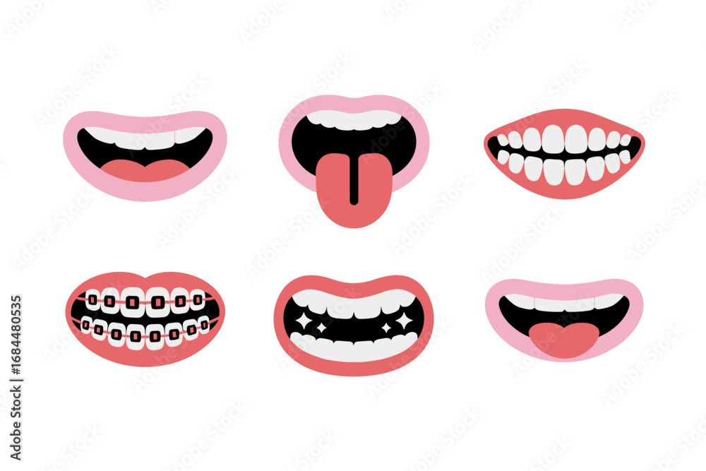 Obraz premium Open mouth laugh icons, tooth sparkle smile, tongue playful expressions, dental braces closeup, enamel, oral health emoticons, kid friendly set