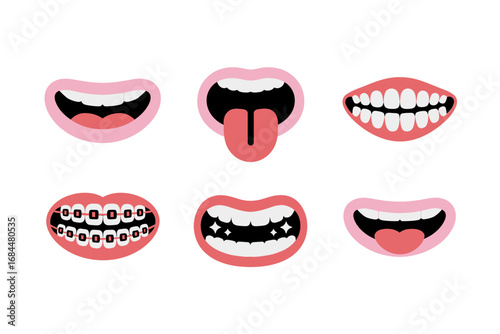 Open mouth laugh icons, tooth sparkle smile, tongue playful expressions, dental braces closeup, enamel, oral health emoticons, kid friendly set