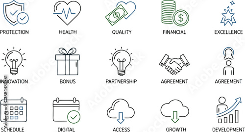 Modern business concepts icons for growth, innovation, partnership, and financial success