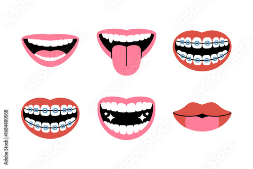 Orthodontic smile icons, braces before after variations, sparkling white teeth, tongue out, open grin, dental care expressions, clinic friendly pack