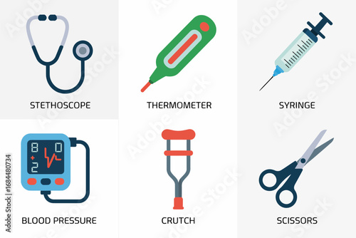 Hospital tool set, stethoscope EKG monitor, thermometer syringe, crutch aid, scissors, blood pressure cuff, medical emergency equipment icons pack