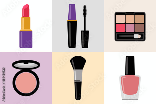 Cosmetic beauty tools, lipstick palette mascara powder compact, nail polish, blush brush, eyeliner tube, skincare makeup essentials vector illustration set