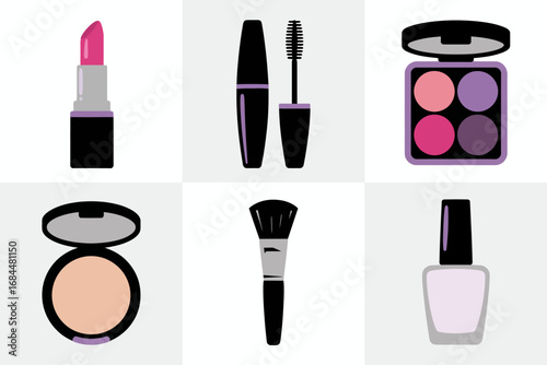 Feminine makeup kit vector set, lipstick mascara blush powder compact, nail polish bottle, eyeshadow palette, cosmetic brush tools, beauty illustration