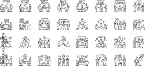 Diverse business meeting scenarios depicted in a clean, modern icon set for professional communication and collaboration.