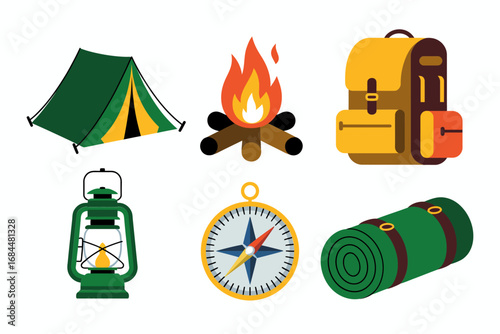 Backpacking and campfire icon set, dome tent lantern sleeping roll compass rucksack, outdoor travel essentials, hiking trail gear illustration bundle