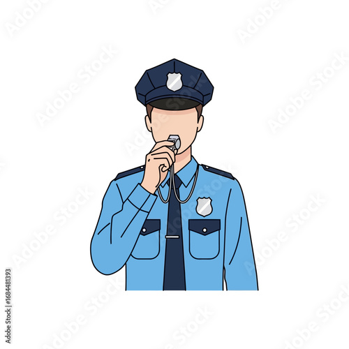 Uniformed officer blowing whistle in a crisis situation offering security in an emergency police