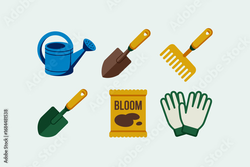 Gardening tool set, watering can trowel rake spade garden gloves seed packet soil, planting and landscaping icons, backyard green thumb