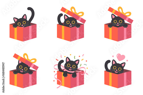 Adorable kitten in gift box, confetti party pop cat sticker set, festive surprise illustrations, cute celebration vector icons
