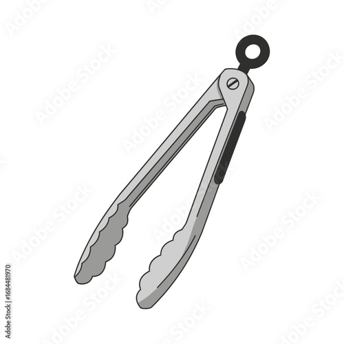 Close up illustration of stainless steel kitchen tongs with ergonomic grip design