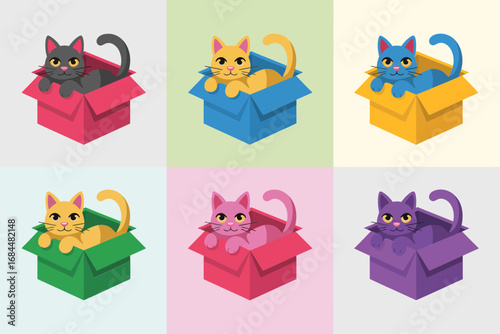 Pastel cat box sticker collection, colorful boxed kittens with soft background tiles, playful pet clipart, birthday party vector illustration set