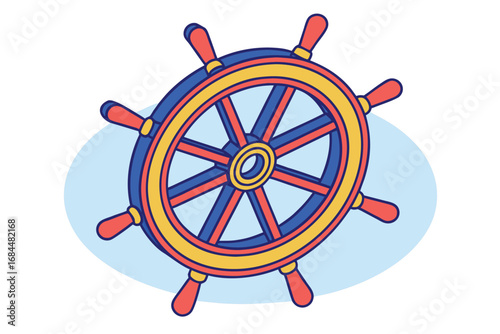 Nautical ship's helm with red, blue, and yellow spokes on a light blue background ship helm