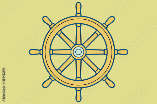 Nautical Ship Steering Wheel with Blue Outline on Yellow Background ship wheel marine