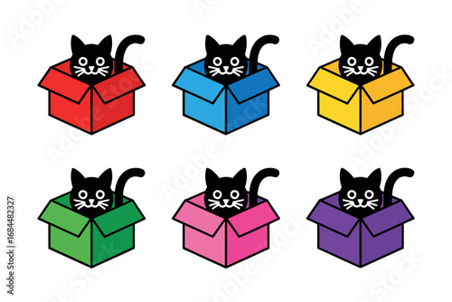 Black cat gift box icons, simple bold feline silhouettes in colorful boxes, kawaii cute stickers, playful pet mascot vector set