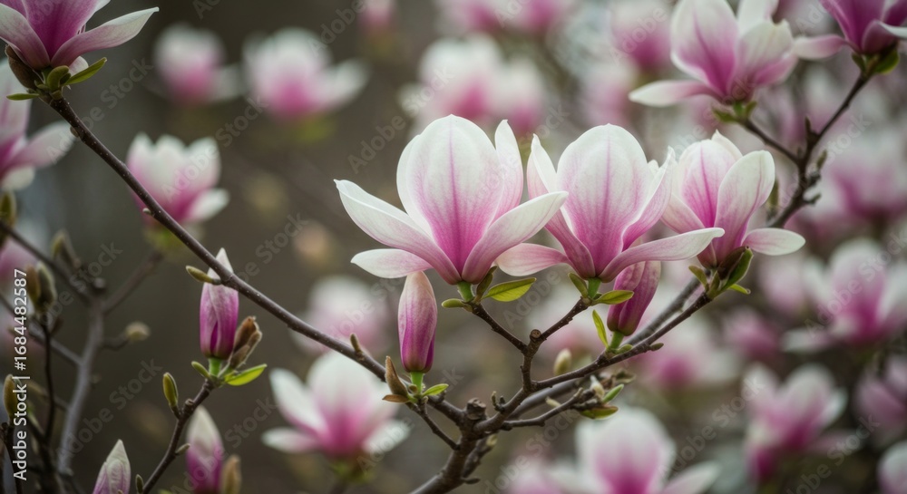 Obraz premium Magnolia spring background, elegant white-pink flowers with clean copy space