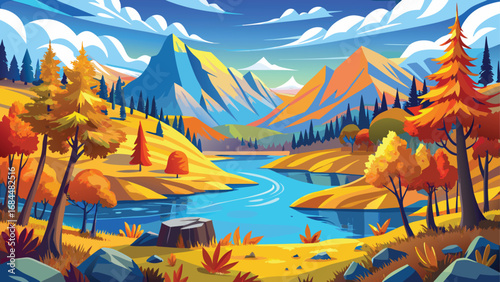 A cartoon tropical island with palm trees and a boat sailing in the blue ocean