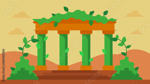 Vine Covered Ancient Ruin Nature Vector Illustration Historic Green Landscape