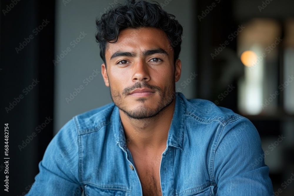 Obraz premium Close-up portrait of a smiling young Asian man in a brown shirt standing on a city street, looking confidently into the camera, exuding positivity and self-assurance, Generative AI