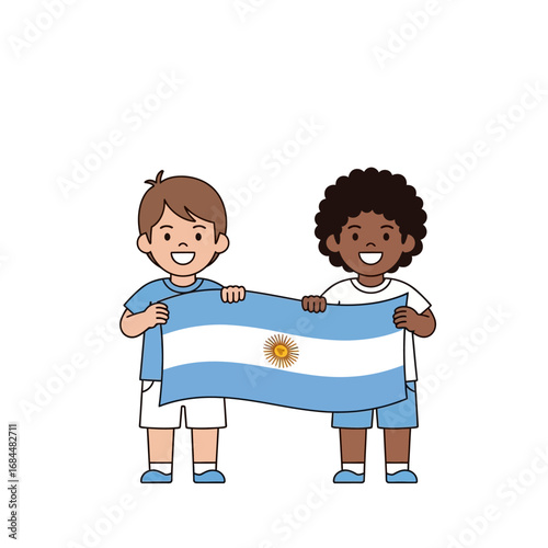 Two cheerful children holding Argentina flag with pride and patriotic fervor showcasing youthful